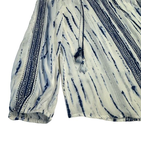 Chico's Button-Up Long Sleeve Shirt Boho Tie-Dye Effect Women 1 (M) White Blue - Picture 10 of 13